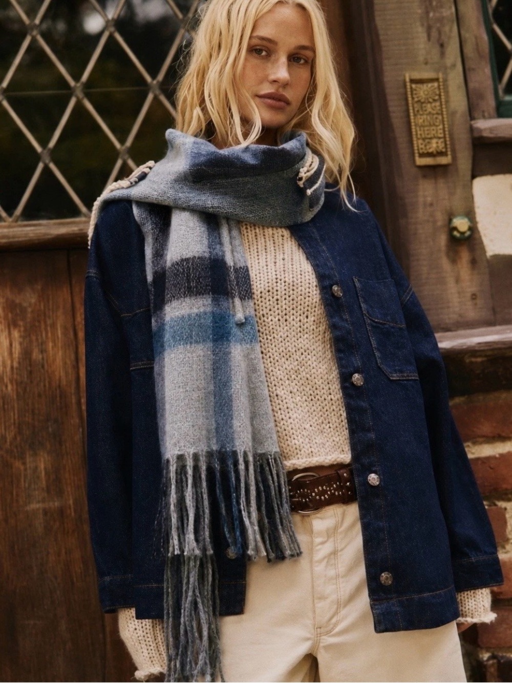 Steve Madden Blue Gray Silver Plaid Blanket Scarf Fringe One Size